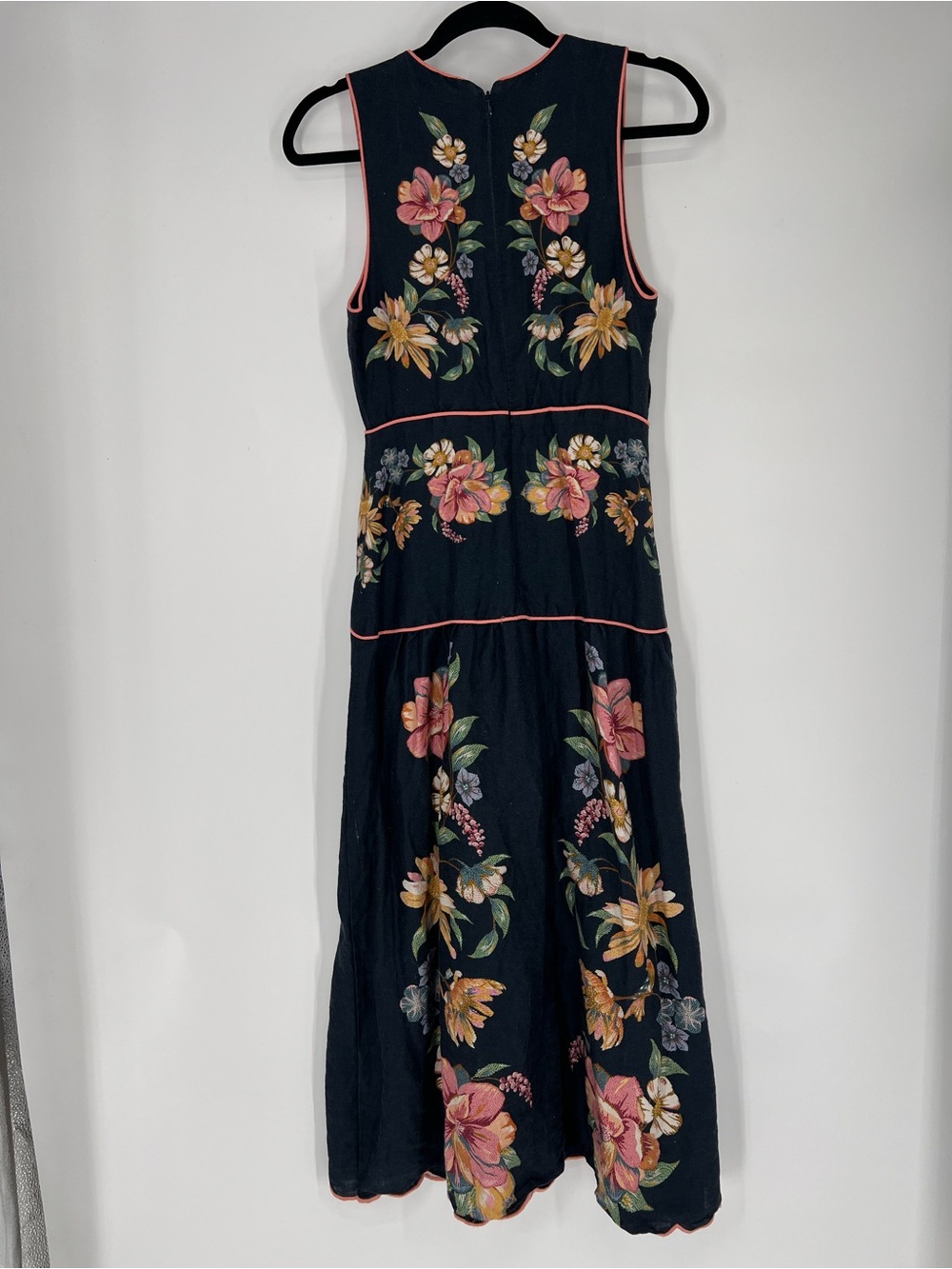 Farm Rio Linen Navy Floral Drop Waist Sleeveless Scalloped V Neck Midi Dress S - Picture 8 of 10